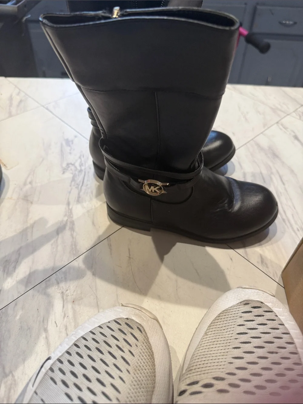 Michael Kors Black Leather Mid-Calf Logo Strap Boots